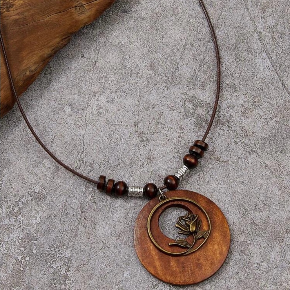 Boho Wood Rose Pendant Necklace Long Brown Cord Beaded Floral Gold Statement 34”